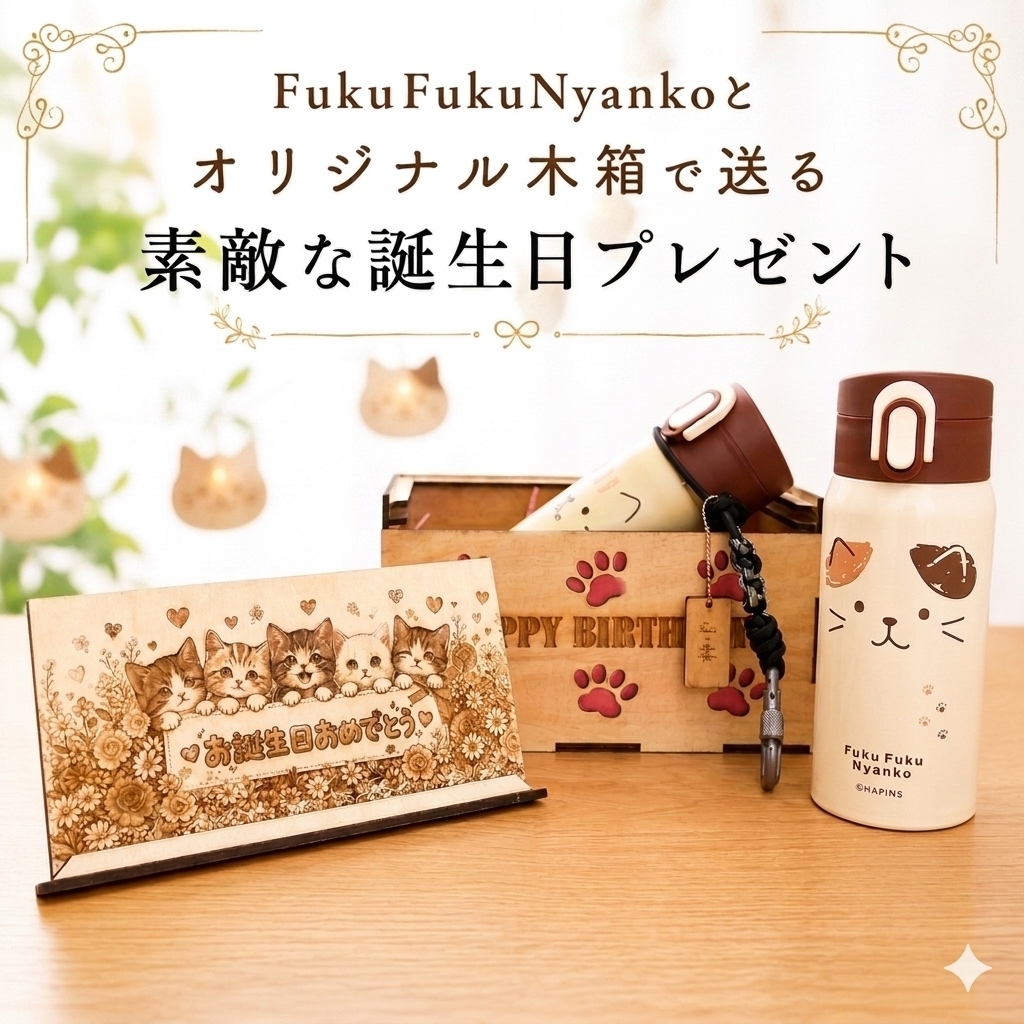 FukuFukuNyanko 木箱入りボトルギフトの商品写真 1