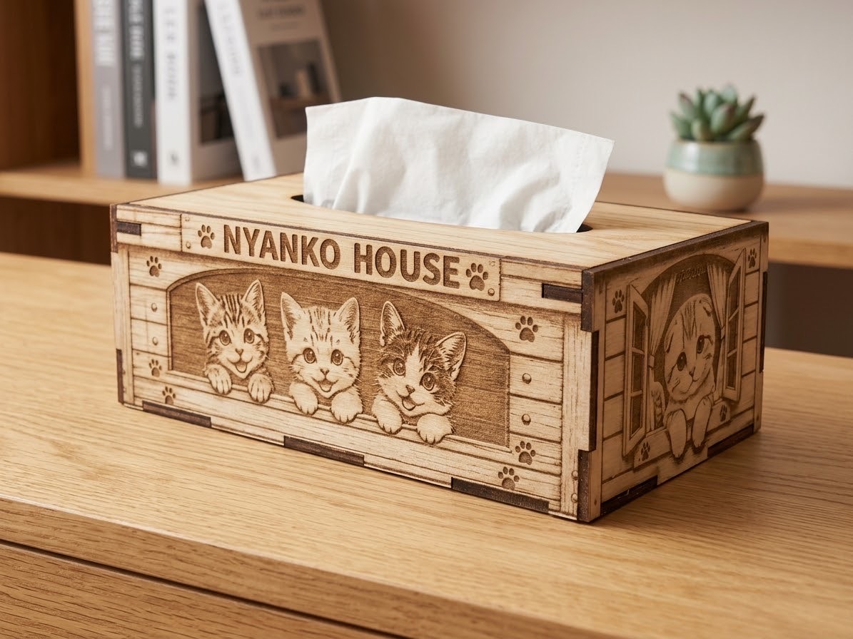 NYANKO HOUSE 木製ティッシュボックスの全体。木のテーブルに置いた様子
